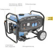 Elektrocentrála s funkcí vozíku, jmenovitý výkon 2800 W, trvalý výkon 2500 W, čtyřtaktní motor, ukazatel hladiny oleje, ochrana proti nedostatku oleje a certifikace TÜV GS