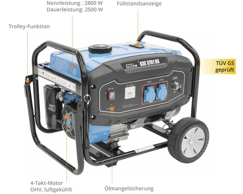 Elektrocentrála s funkcí vozíku, jmenovitý výkon 2800 W, trvalý výkon 2500 W, čtyřtaktní motor, ukazatel hladiny oleje, ochrana proti nedostatku oleje a certifikace TÜV GS