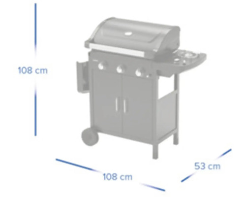 Plynový gril s výškou 108 cm, šířkou 108 cm a hloubkou 53 cm.