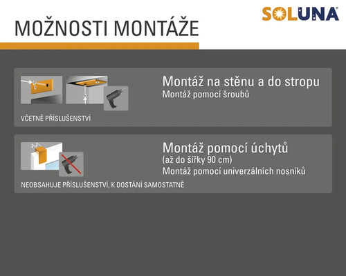 Možnosti montáže produktů Soluna: Montáž na stěnu a strop pomocí šroubů včetně příslušenství a montáž pomocí úchytů do šířky 90 cm, příslušenství se prodává samostatně.