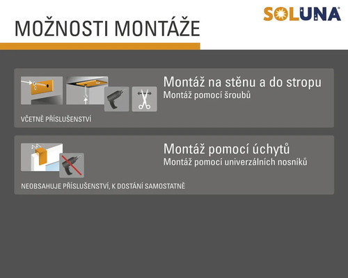 Možnosti montáže pro produkty Soluna: Montáž na stěnu a strop pomocí šroubů včetně příslušenství, montáž pomocí univerzálních nosníků bez příslušenství.