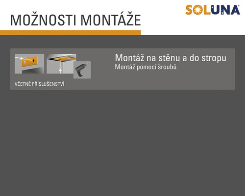 Logo Soluna. Možnosti montáže na stěnu a strop pomocí šroubů, včetně příslušenství.