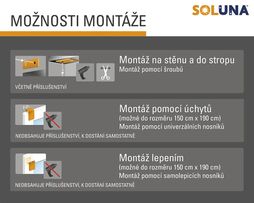 Možnosti montáže Soluna na stěnu, strop, držáky a lepení