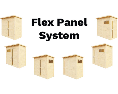 Flex Panel System zahradní domek ze dřeva, různé pohledy
