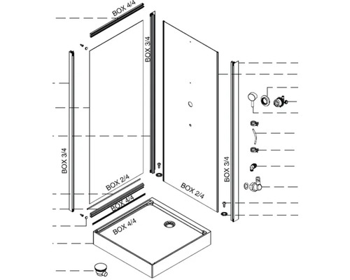 Rozkreslený nákres sprchového koutu se sprchovou vaničkou a příslušenstvím