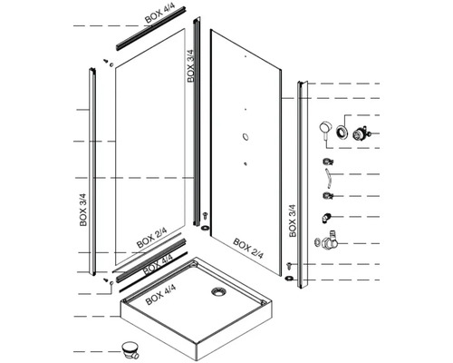 Schéma sprchového koutu se sprchovou vaničkou a jednotlivými díly