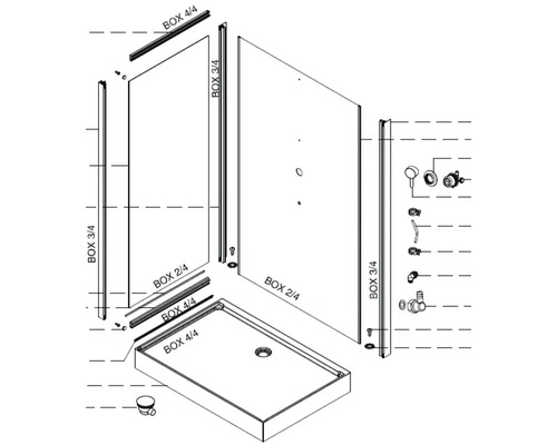 Rozkreslený nákres sprchy se sprchovou vaničkou a sprchovou zástěnou