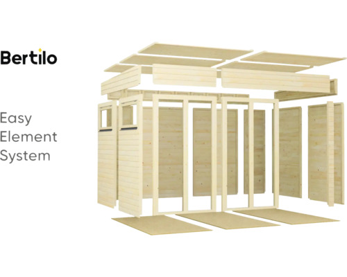 Logo Bertilo. Exploze zahradního domku v jednoduchém elementovém systému.