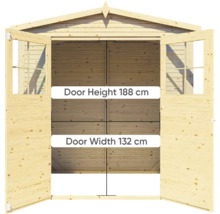 Dřevěný zahradní domek s otevřenými dvoukřídlými dveřmi, výška dveří 188 centimetrů, šířka dveří 132 centimetrů