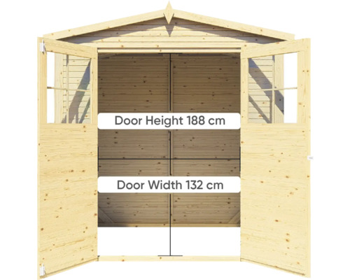 Dřevěný zahradní domek s otevřenými dvoukřídlými dveřmi, výška dveří 188 centimetrů, šířka dveří 132 centimetrů