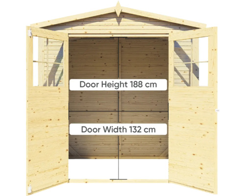 Pohled na otevřená dřevěná vrata zahradního domku s rozměry výšky a šířky dveří