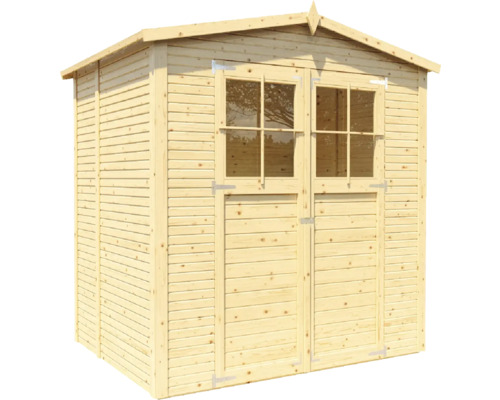 Dřevěný zahradní domek s dvoukřídlými dveřmi a okny