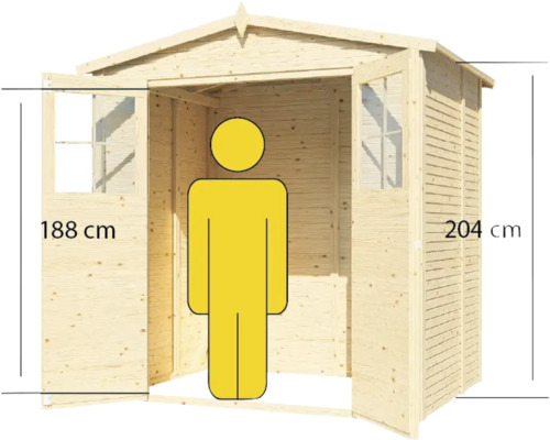 Dřevěný zahradní domek s otevřenými dveřmi a výškovou indikací