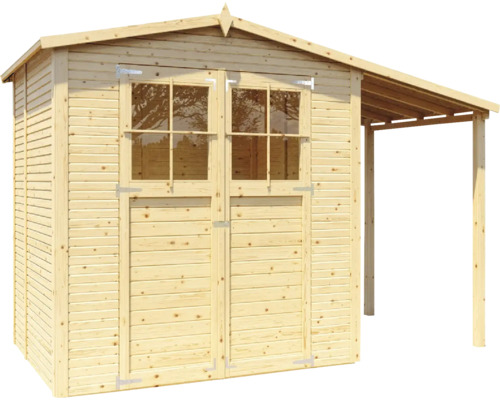 Dřevěný zahradní domek s dvoukřídlými dveřmi a markýzou