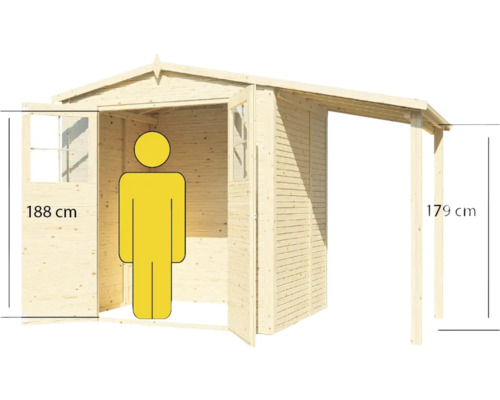 Rozměry dřevěného zahradního domku s výškou dveří 188 centimetrů a výškou stříšky 179 centimetrů