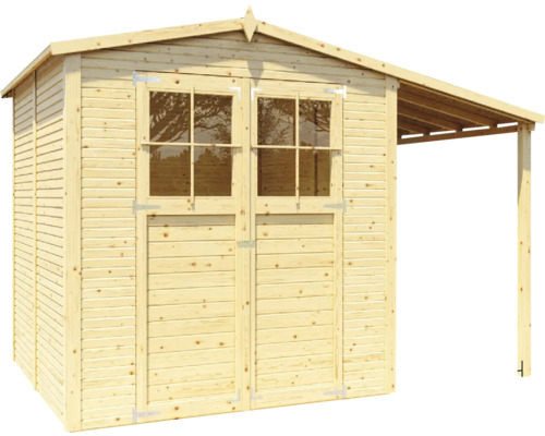 Dřevěná zahradní chatka s dvoukřídlými dveřmi a markýzou