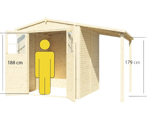 Obrázek dřevěného zahradního domku s otevřenými dveřmi a boční markýzou, s uvedením velikosti