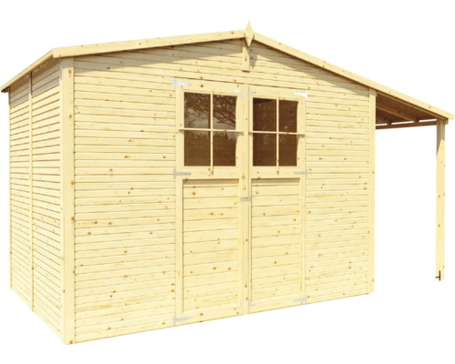 Dřevěný zahradní domek s dvoukřídlými dveřmi a stříškou