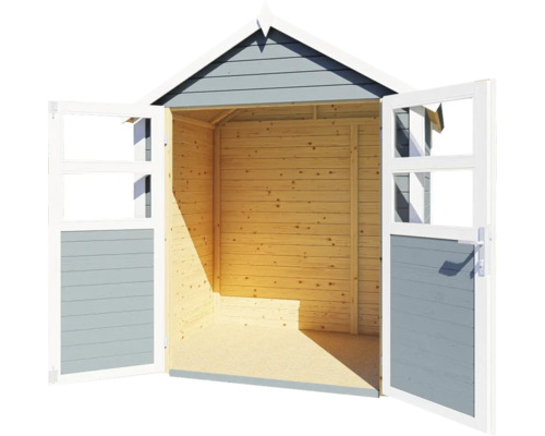 Otevřený dřevěný zahradní domek s dvoukřídlými dveřmi