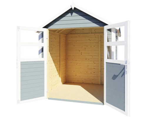 Otevřený dřevěný zahradní domek s dvoukřídlými dveřmi