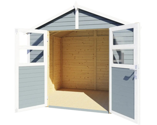 Otevřený dřevěný zahradní domek s dvoukřídlými dveřmi