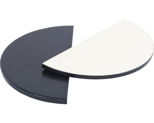 Dvě půlkruhové desky stolu, jedna tmavá, druhá světlá.