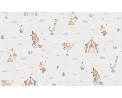 Tapeta s cirkusovými motivy, včetně cirkusového stanu, zvířat a oblaků