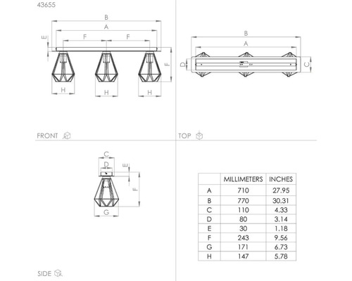 Technický nákres stropního svítidla s rozměry