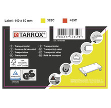 Štítek transportního vozíku Tarrox s technickými detaily a certifikacemi