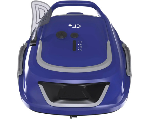 Modrý bazénový robot s průhledným víkem filtru