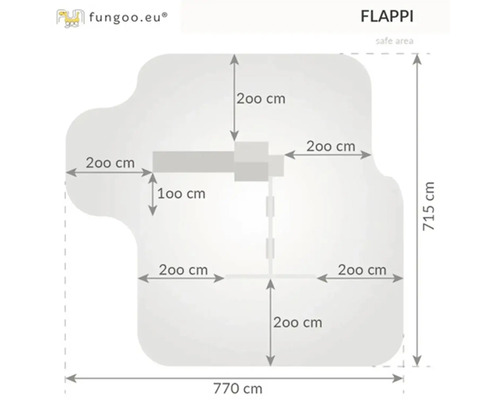 Rozměry hřiště Flappi: šířka 770 cm, výška 715 cm, hloubka 200 cm