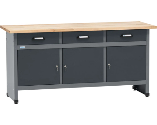 Pracovní stůl se třemi zásuvkami, třemi dvířky a uzamykatelnými přihrádkami.
