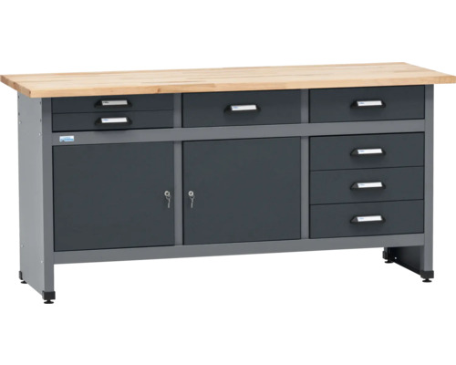 Pracovní stůl s dřevěnou deskou, zásuvkami a skříňkami