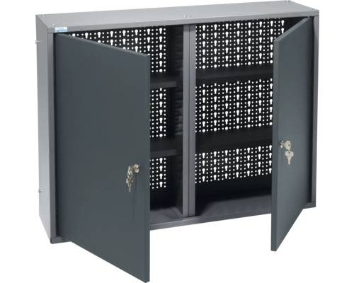 Skříňka na nářadí se dvěma otevřenými dveřmi a děrovanou stěnou