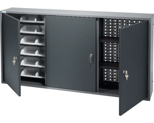 Dílenská skříň s posuvnými dveřmi, děrovanou stěnou, přihrádkami a klíčem