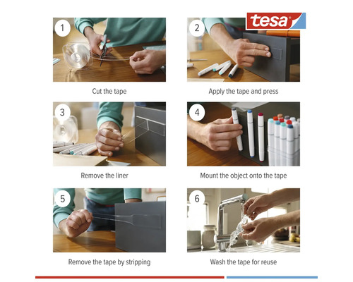 Návod k použití lepicích proužků Tesa v šesti krocích: odstřihněte, připevněte, odstraňte ochrannou fólii, připevněte předmět, odstraňte, očistěte pro opětovné použití. Logo Tesa