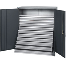 Šedá ocelová skříň se zásuvkami do dílny