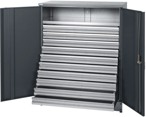Šedá ocelová skříň se zásuvkami do dílny