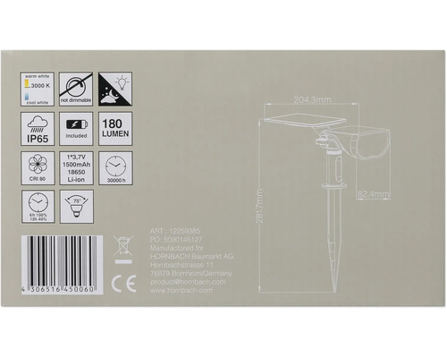 Informace o solárním svítidle s technickými detaily a symboly