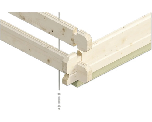 Detailní pohled na dřevěnou konstrukci se spojovacími prvky