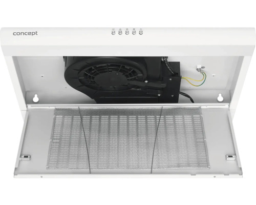 Vnitřní pohled na bílou digestoř s kovovým tukovým filtrem a ventilátorem