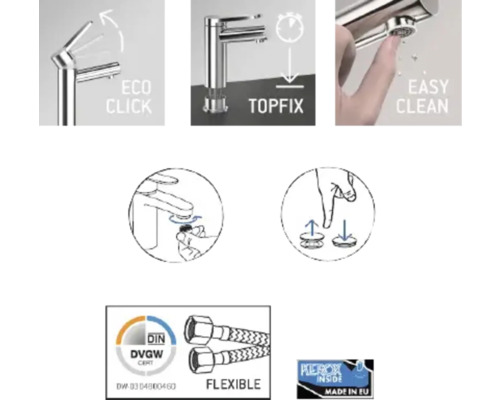 Vlastnosti vodovodní baterie: Funkce Eco Click, systém Topfix, snadné čištění, flexibilní hadice, certifikace DIN DVGW a vnitřní mechanismus Kerox, vyrobeno v EU.