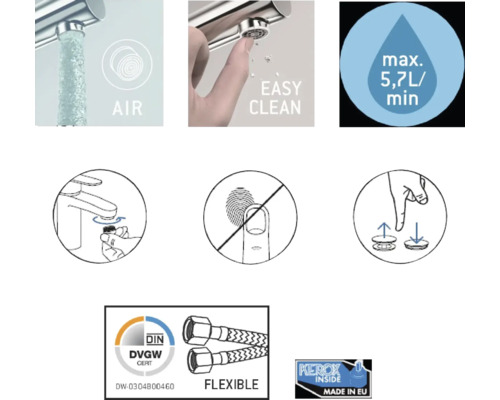 Vlastnosti produktu: přimíchávání vzduchu, snadné čištění, maximální průtok 5,7 litru za minutu, povrchová úprava proti otiskům prstů, flexibilní hadice, certifikace DGVW, vyrobeno v EU