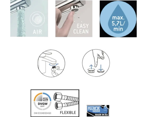 Vlastnosti produktu: vzduch, snadné čištění, maximálně 5,7 litru za minutu, pečeť DVGWCERT, flexibilní hadice, vyrobeno v EU