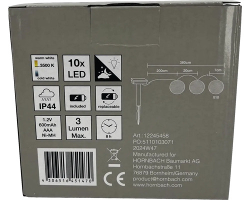 Balení LED solárního světelného řetězu s technickými detaily