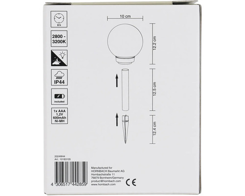 Balení zahradní lampy se zemním hrotem a informacemi o době svícení, teplotě barev a stupni krytí