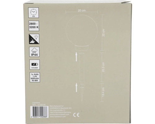 Obal zahradní lampy o rozměrech 20 cm v průměru, 22 cm na výšku, 20,3 cm délka tyče a 13,4 cm délka zemního hrotu. Svítidlo má dobu svícení 8 hodin, barevnou teplotu 2800 až 3200 Kelvinů, je chráněno IP44 a včetně baterie AAA.