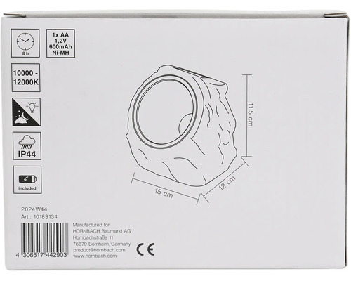 Potisk obalu zahradní lampy s osmihodinovou dobou svícení, stupněm krytí IP44 a včetně baterie.