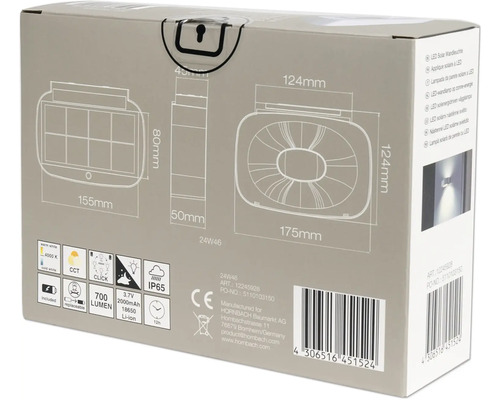 Balení solárního LED nástěnného svítidla s technickými detaily a rozměry