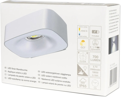Balení LED solárního nástěnného svítidla s technickými detaily